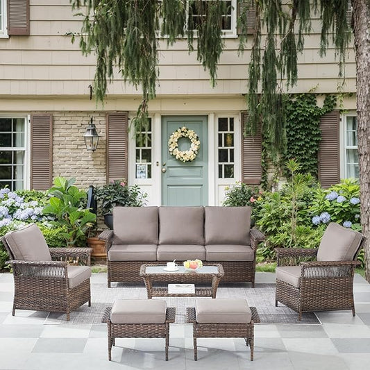 Patio Furniture Set 2 Wicker Patio Chairs 2 PE Rattan Ottomans with Grey Cushions Patio PE Rattan Sofa and Coffee Table Brown Wicker Patio Conversation Set 6pcs for Garden Backyard