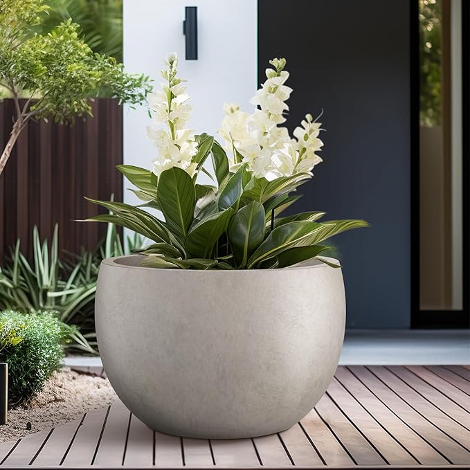 Kante 19.9" Dia Round Concrete Planter, Outdoor/Indoor Large Bowl Plant Pots with Drainage Hole and Rubber Plug for Garden Patio Balcony Home, Weathered Concrete