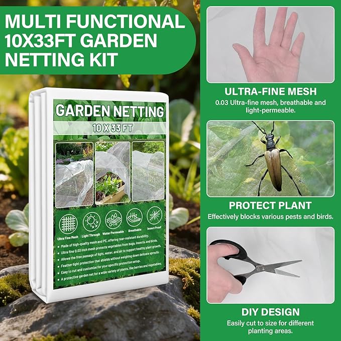 Garden Mesh Netting Kit for Raised Beds, 10x33FT Ultra Fine Mesh Netting&6 Sets 8FT Fiberglass Garden Hoops, Insect Netting Row Cover, Pest Barrier Protection for Vegetable Fruits Flowers