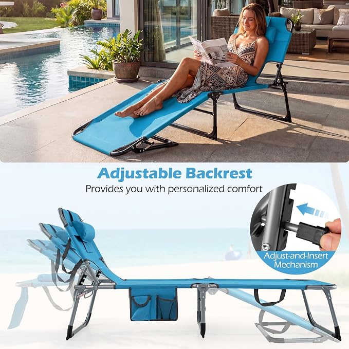 GYMAX Tanning Chair with Face Hole, Sun Bathing Lounge Chairs for Outside with Side Pocket, Folding Portable Face Down Layout Tanning Chair Beach, Backyard, Poolside, Lawn (Blue,2)