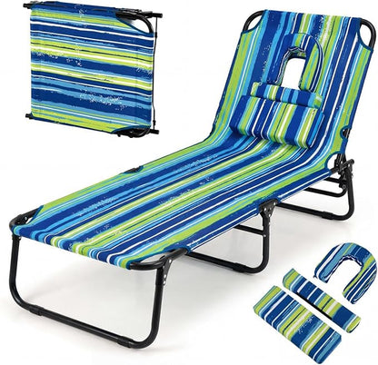Giantex 350lbs Adjustable Patio Lounge Chair w/Face Hole, Removable Pillows, Carry Strap, Layout Chair, Folding Beach Chair, Outdoor Chaise Lounge for Poolside Lawn Tanning (1, Stripe)