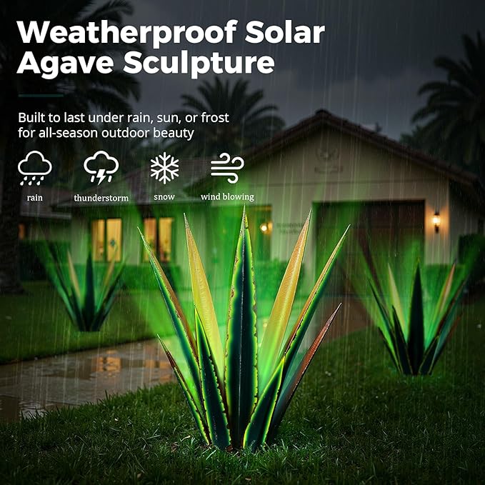 KODIBO 24” Large Solar Metal Agave Plants Outdoor Decor, Tequila Rustic Sculpture Outdoor Statues, Garden Sculpture for Patio Path Courtyard and Lawn