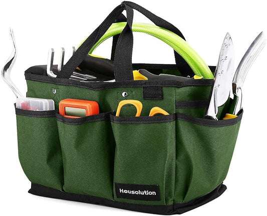 Housolution Gardening Tote Bag, Deluxe Garden Tool Storage Bag and Home Organizer with Pockets, Wear-resistant & Reusable, 14 Inch, Dark Green