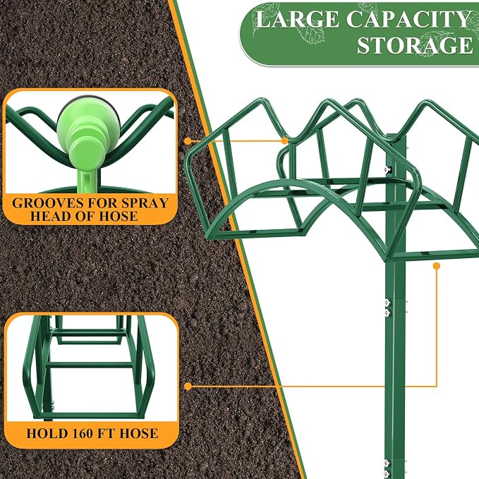 Qatsrin Super Stable Garden Hose Holder, Detachable Water Hose Holders, Hose Storage Stand Holds 150-Feet Hose, Free Standing Water Hose Holders for Outside Yard Lawn (Green)
