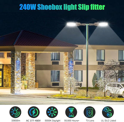 LED Parking Lot Light with Slip Fitter, UL DLC Listed, 5000K Shoebox Pole Light, IP65 Waterproof Commercial Street Area Lighting for Roadway/Driveway/Yard(240W,277-480V)