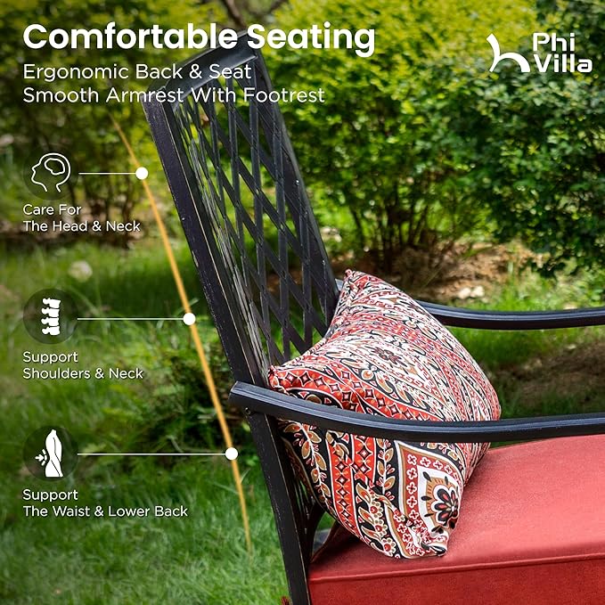 PHI VILLA 7 Piece Outdoor Bar Set, Counter Height Patio Bar Furniture with Swivel Bar Stools with Red Cushions & Large Metal Bar Dining Table for Garden, Yard and Deck
