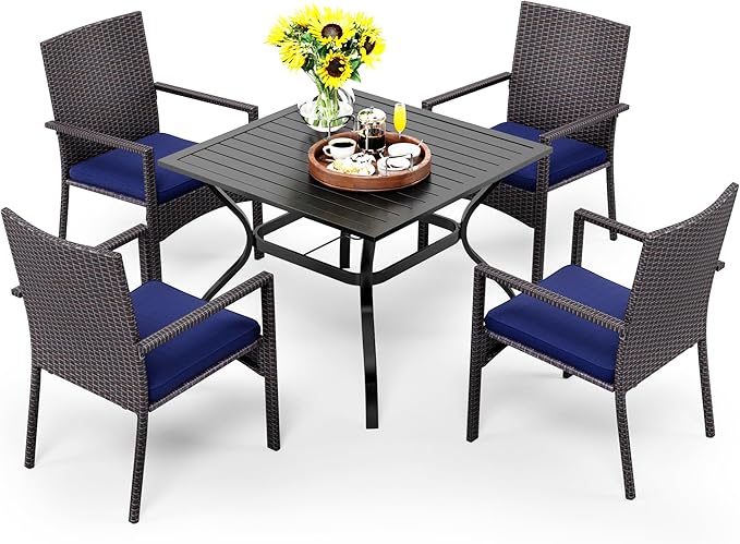 PHI VILLA 5 Piece Patio Dining Table Set for 4, 37" Square Outdoor Metal Table with Umbrella Hole & 4 Rattan Wicker Chair with Cushion for Deck, Yard, Porch