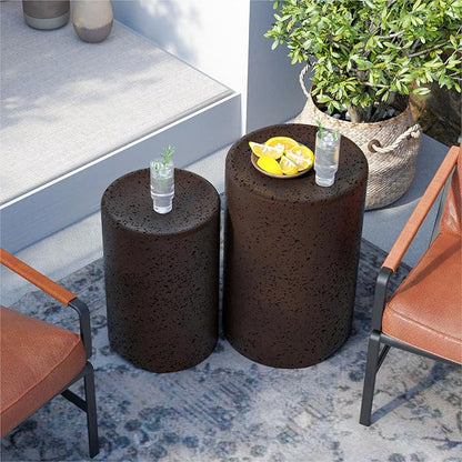 SUNBURY Concrete Side Table Set of 2, Outdoor Side Table Nesting for Patio, Outdoor Accent Table, Patio End Table in Spotted, Ceramic Garden Stool for Lawn, Deck, Round, Brown