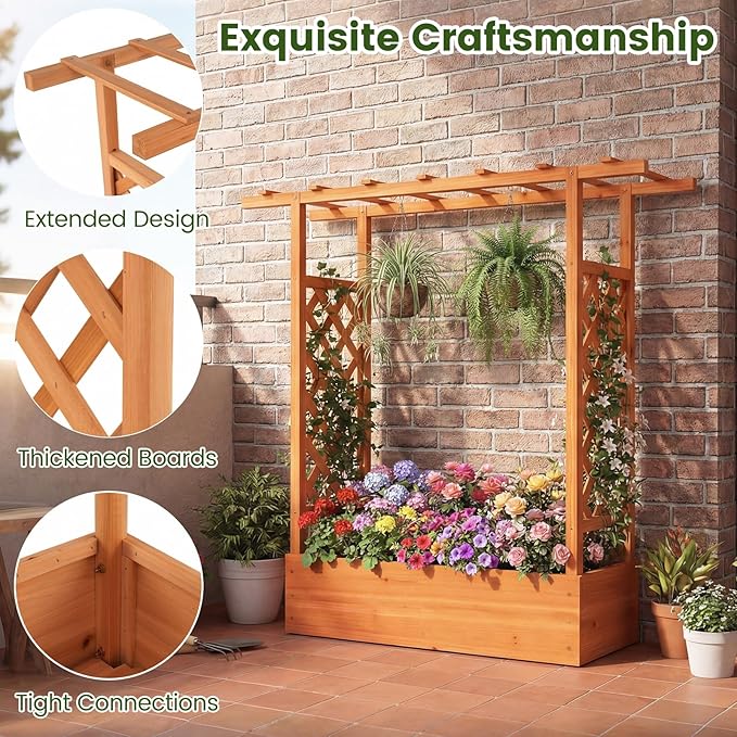 S AFSTAR Raised Garden Bed with Trellis, 2-in-1 Fir Wood Planter Box with Flat Roof & Drainage Holes, Vertical Planter Raised Bed for Climbing Plants, Flowers & Vegetables, 43" x 14" x 45" (Orange)