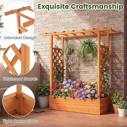 S AFSTAR Raised Garden Bed with Trellis, 2-in-1 Fir Wood Planter Box with Flat Roof & Drainage Holes, Vertical Planter Raised Bed for Climbing Plants, Flowers & Vegetables, 43" x 14" x 45" (Orange)