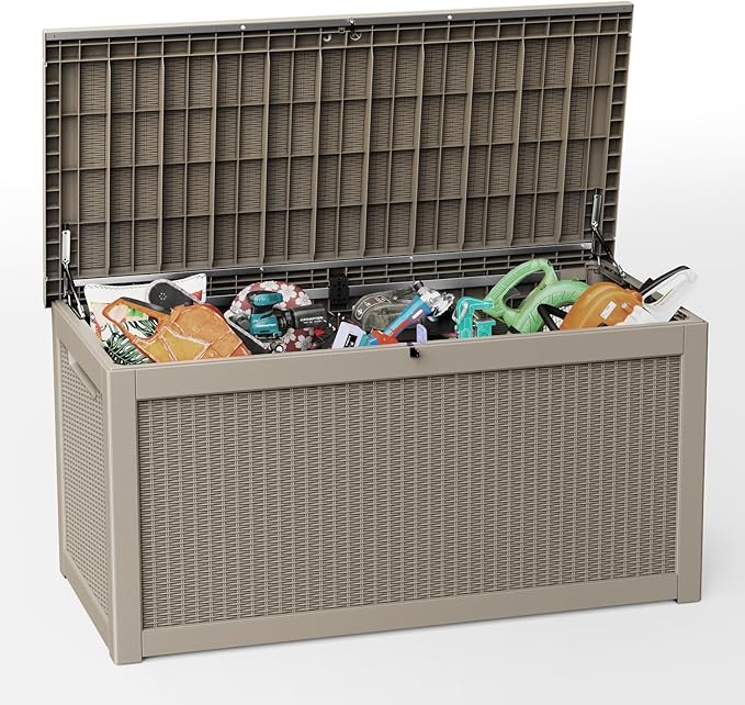 260 Gallon Deck Box, Waterproof Resin Outdoor Storage Box Lockable for Patio Furniture, Fade Resistant Patio Side Table & Organizer for Garden Tools, Pool Float, Outdoor Cushions, Light Coffee