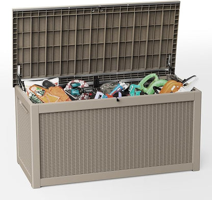 260 Gallon Deck Box, Waterproof Resin Outdoor Storage Box Lockable for Patio Furniture, Fade Resistant Patio Side Table & Organizer for Garden Tools, Pool Float, Outdoor Cushions, Light Coffee