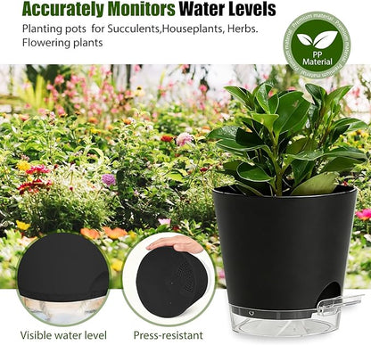 Plant Pots 4 Inch Self Watering Pots,6 Pack Plastic Planters with Drainage Holes and Clear Saucers,Plastic Flower Pots,Nursery Planting Pot for Indoor Out Door Plants (Black, 4 inch)