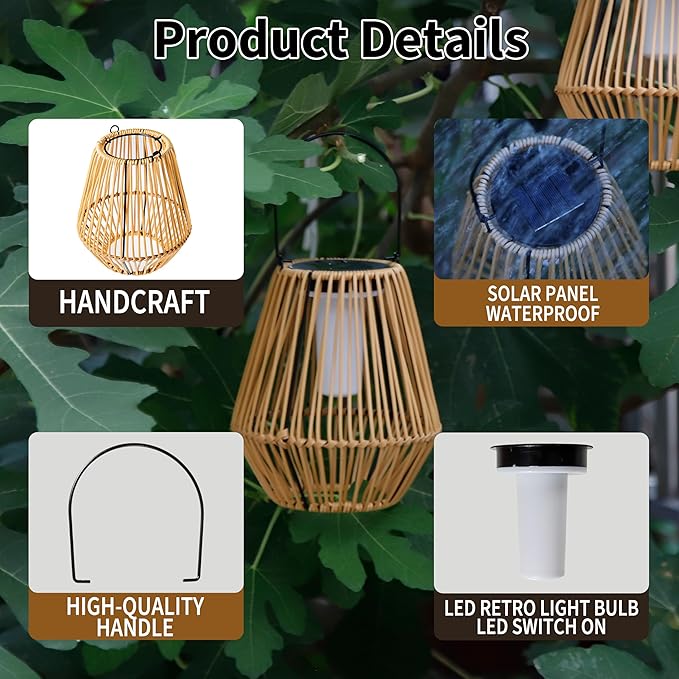YAKii 2 Pack Solar Flame Lantern Hanging Waterproof Outdoor Handmade Solar Lamp with Dancing Flickering Flame Plastic Rattan Bohemian Style Decoration for Garden Yard Patio Porch Trees Pathway Decor