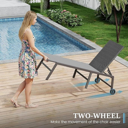 UDPATIO Outdoor Lounge Chairs Set of 2 with Side Table Poolside Chaise Lounge Chair with Wheels 5-Position Backrest Reclining Rust Free for Patio Deck