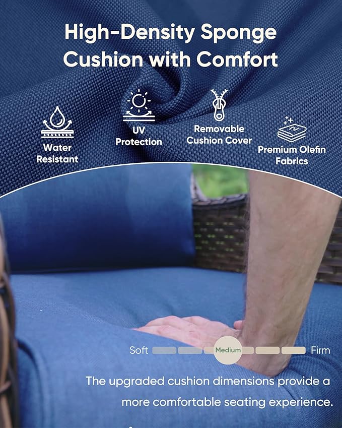 HUMMUH 6-Piece Outdoor Wicker Patio Furniture Set with Swivel Glider Chairs, 3-Seat Sofa & Ottomans 5” Olefin Cushions Ergonomic Neck-Lumbar Backrest All-Weather Rattan for Garden, Deck, Porch