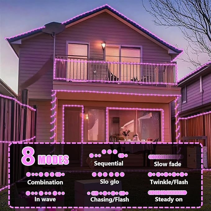YEGUO Solar Christmas Lights Outdoor Waterproof, 2 Packs Each 33ft 100 LED Rope Lights, 8 Modes Fairy String Lights in Clear Thin Tube for Camping Fence Patio Garden Trampoline Deck(Pink)