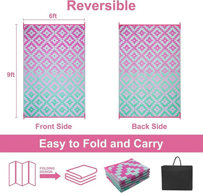 Anidaroel Ombre Outdoor Rugs for Patios Clearance Waterproof, 6x9 Reversible Geometric Plastic Straw Outside Area Rugs, RV Camping Mat for Balcony, Pool Deck, Picnic, Backgard(Green&Pink,6‘x9')