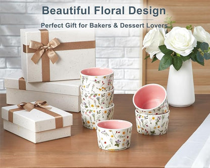 ONEMORE 6 oz Ramekins Oven Safe, Floral Ceramic Ramekin Set of 6 Pink Ramekins for Baking & Serving, Creme Brulee Dishes, Custard Pudding Souffle Cups, Small Dessert Bowls for Oven, Air Fryer