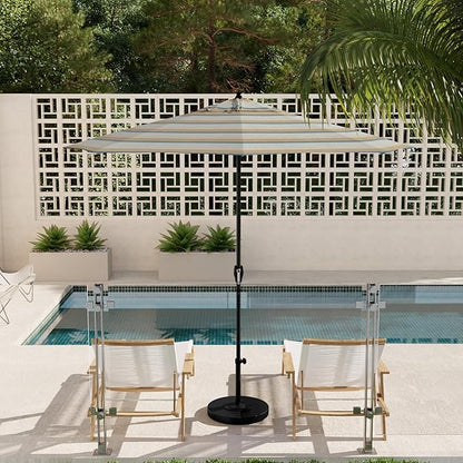 California Umbrella 9' Rd Aluminum Patio Umbrella, Crank Lift, Auto Tilt, Black Finish, Sunbrella Gateway Mist