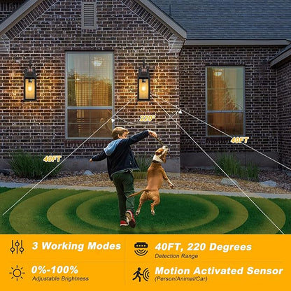 Motion Sensor Outdoor Wall Lights 2 Pack, Black Dusk to Dawn Light Fixtures Wall Mount, 16" Exterior Wall Sconces Waterproof, Large Outside Lamps for House, Modern Porch Lanterns 3 Modes
