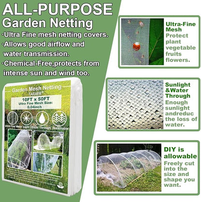 Garden Netting, Pest Barrier Plant Covers 10x50Ft Net Ultra Fine Mesh Protection Netting for Vegetable Fruits Flowers Crops Greenhouse Row Cover Raised Bed Insect Barrier Screen Protection Net Cover