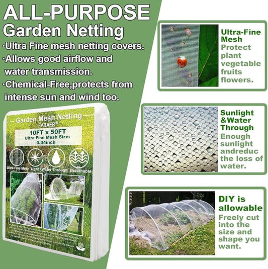Garden Netting, Pest Barrier Plant Covers 10x50Ft Net Ultra Fine Mesh Protection Netting for Vegetable Fruits Flowers Crops Greenhouse Row Cover Raised Bed Insect Barrier Screen Protection Net Cover