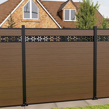 6 Feet×6 Feet Privacy Fence, Outdoor Wood Plastic Composite Fence Panel, Waterproof Security Barriers Fencing, WPC (Brown, Floral (1 Panel - 2 Post))