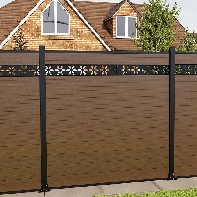 6 Feet×6 Feet Privacy Fence, Outdoor Wood Plastic Composite Fence Panel, Waterproof Security Barriers Fencing, WPC(Brown, Floral (1 Panel - 1 Post))