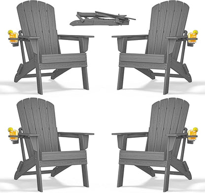nevilywood Folding Adirondack Chair with Cup Holder Set of 4, HDPE Patio Chairs,All-Weather Outdoor Chairs for Backyard, Deck,Fire Pit-Grey
