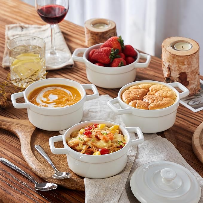 Lareina Mini Cocotte 12oz Ceramic Casserole Dish Set with Lid, White | Small casserole ramekins with handles, oven, microwave & dishwasher safe. Perfect for baking, serving, and individual meals.