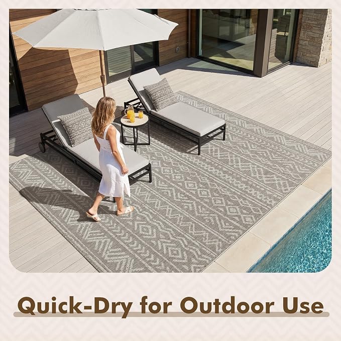 MontVoo-Outdoor Rug-Patio Rug 4x6 Polypropylene Indoor Outdoor Rugs Outdoor Carpet for Patio Deck Balcony Porch, Textured Weave, Durable for High Traffic, Fade-Resistant, Boho Farmhouse Silver Grey