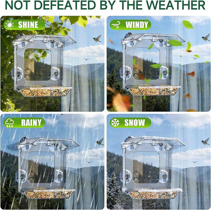 Window Bird Feeder with 4 Extra Strong Suction Cups, Clear Bird Feeder with Dual Seed Tray, Easy to Install & Clean, Birdfeeder for Viewing Wild Birds, Bird Watching Gift, Garden Decor