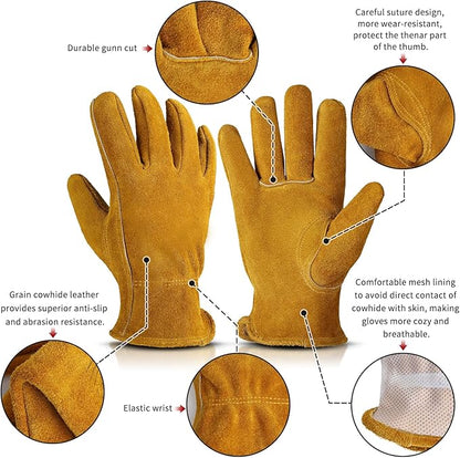 Leather Gardening Gloves for Men Women: Thorn Proof Cowhide Work Gloves for Yard Work Rose Pruning Heavy Duty