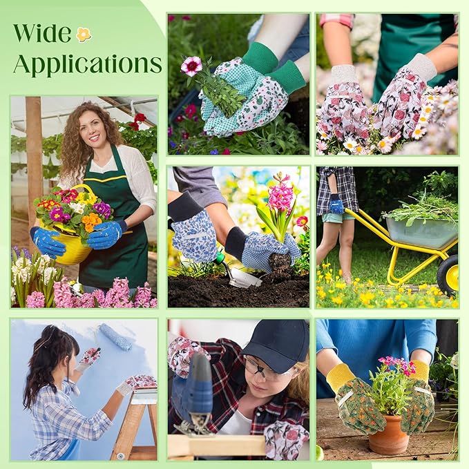 Garden Gloves for Women 9.5" Floral Gardening Gloves Lightweight and Machine Washable Gift for Gardeners PVC Grip