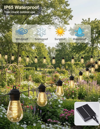 Outdoor Solar String Lights S14, 36FT Patio Lights with 15 LED Bulbs, 3000K Solar Lights Outdoor with Remote & App Control, Solar String Lights for Outside, Camping, Yard, Party Decor, Warm White