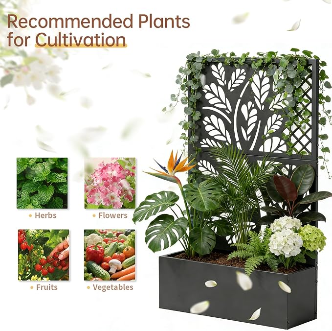 VINGLI Metal Raised Garden Bed with Trellis, Outdoor Planter Box for Climbing Vegetables, Fruits and Flowers, Privacy Screen, for Backyard, Patio, Balcony (Tropical)