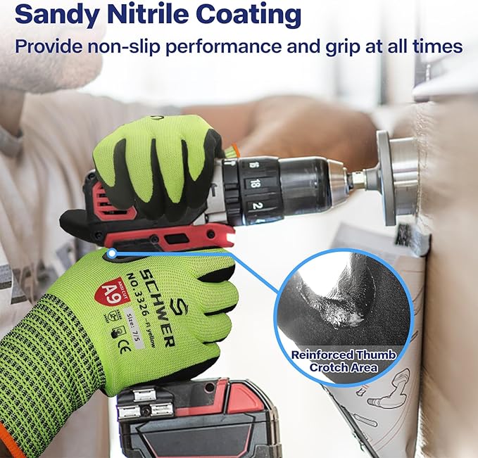 Schwer ProGuard Highest Level Cut Resistant Work Gloves PR3326 for Extreme Protection, ANSI A9 Working Gloves with Sandy Nitrile Coated, Touch-screen, Durable, Washable, Yellow 1 Pair L