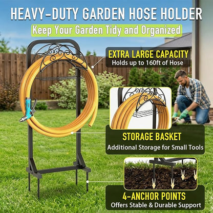 Garden Hose Holder Water Hose Reel Stand with Storage Basket Holds 160ft, Heavy Duty Freestanding Hose Stand with Triangular Base, Metal Hanger for Outside Yard Lawn, Black