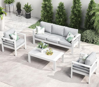 LayinSun Outdoor Aluminum Furniture Set, 4 Pieces Patio Sectional Conversation Chat Sofa Modern Seating Set with Coffee Table