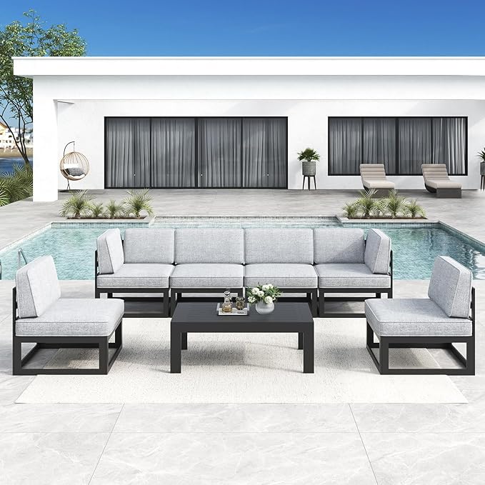 LayinSun Large Aluminum Patio Furniture Set, 7 Pieces Modern Outdoor Conversation Set Sectional Metal Sofa Set with Olefin Cushion