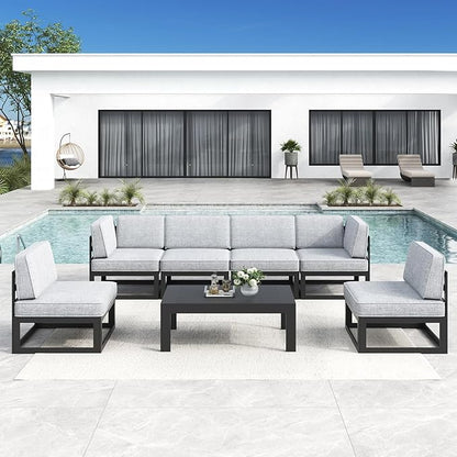 LayinSun Large Aluminum Patio Furniture Set, 7 Pieces Modern Outdoor Conversation Set Sectional Metal Sofa Set with Olefin Cushion