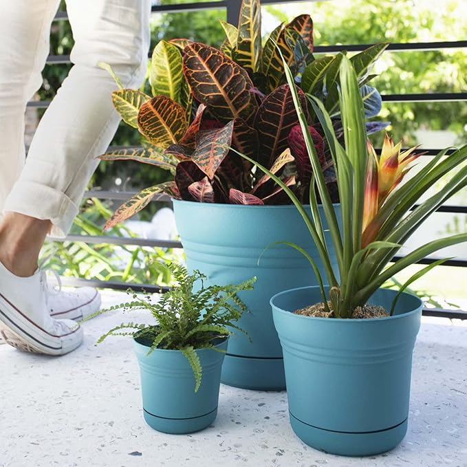 Bloem Saturn Round Planter with Saucer Tray: 14" - Bermuda Teal - Durable Plastic Pot, Matte Finish, Removable Saucer, for Indoor & Outdoor Use, Gardening, 5 Gallon Capacity