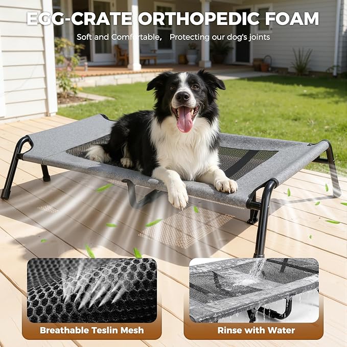 Lekereise Raised Outdoor Medium Dog Bed Cot + Orthopedic Indoor Dog Sofa Bed, 2-in-1 Design,39 x 29 Inch Cooling Elevated Puppy Bed with Egg-Crate Orthopedic Foam Load 70lbs