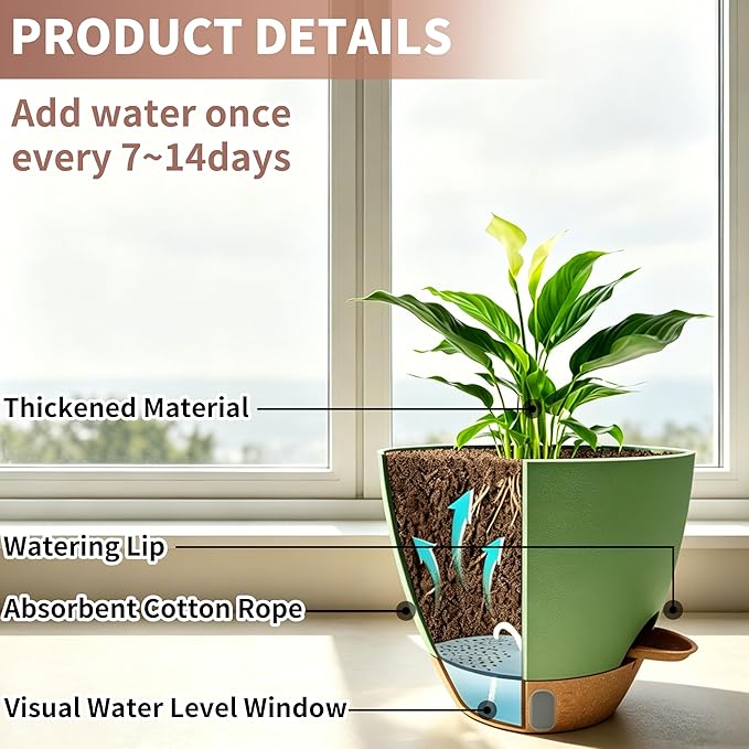12"/10"/9"/8" Self Watering Pots with Visual Water Window,Extra Large Self Watering Plant Pots with Drainage Holes & Saucers,Green Planters for Indoor Plants,4-Pack