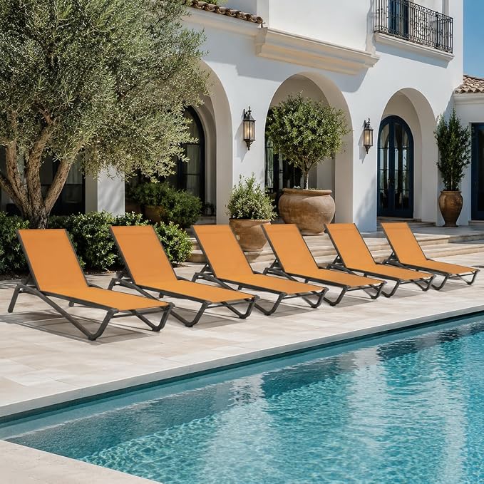 Patio Chaise Lounge Chairs Set of 6, All-Weather Aluminum Pool Loungers for Outside, 5-Position Adjustable Sunbathing Chairs for Tanning, Stackable for Backyard, Poolside, Solar Orange