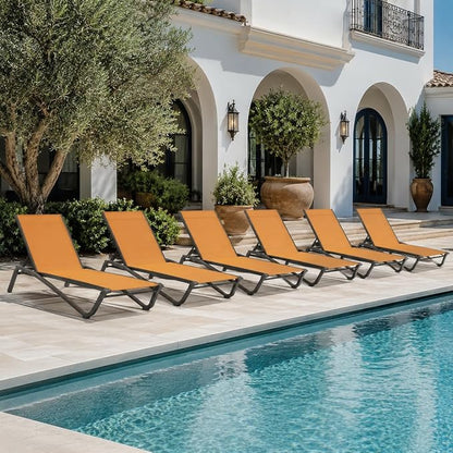 Patio Chaise Lounge Chairs Set of 6, All-Weather Aluminum Pool Loungers for Outside, 5-Position Adjustable Sunbathing Chairs for Tanning, Stackable for Backyard, Poolside, Solar Orange