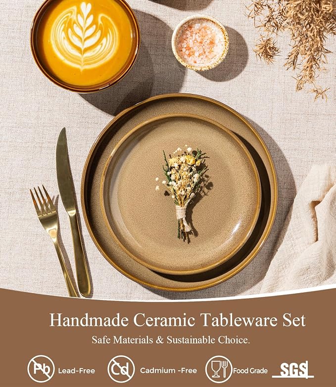LERATIO Ceramic Dinnerware Sets for 4, 12 Pieces Ceramic Plates and Bowls Sets, Scratch Resistant Dish Set, Oven, Microwave & Dishwasher Safe- Chestnut