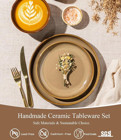 LERATIO Ceramic Dinnerware Sets for 4, 12 Pieces Ceramic Plates and Bowls Sets, Scratch Resistant Dish Set, Oven, Microwave & Dishwasher Safe- Chestnut
