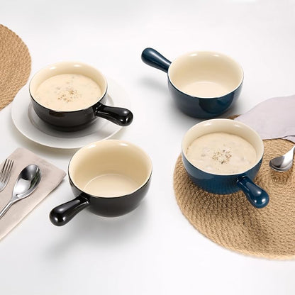 Kook French Onion Soup Crocks, Stackable Ceramic Bowls with Handles, Oven, Microwave and Dishwasher Safe, for Cereal, Soups, Casseroles, with Handle, Stoneware, 24 oz, Set of 4, Black